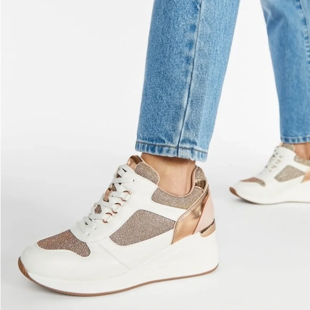 •Trinity• Stylish Women's White, Blush, & Rose Gold Wedge Sneakers - Picture 2 of 3